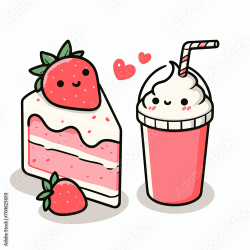 Strawberry cake and strawberry milkshake, kawaii vector illustration with little hearts, generative ai