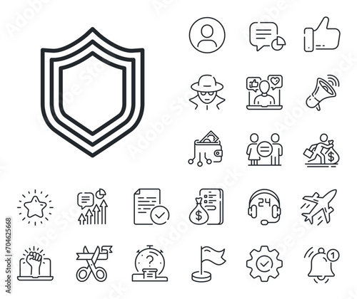 Protection or Security sign. Salaryman, gender equality and alert bell outline icons. Shield line icon. Defence or Guard symbol. Security line sign. Spy or profile placeholder icon. Vector