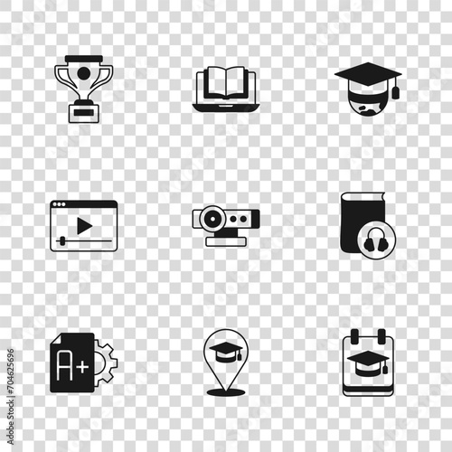 Set Online education, Audio book, Web camera, Graduation cap globe, Award cup, class and play video icon. Vector