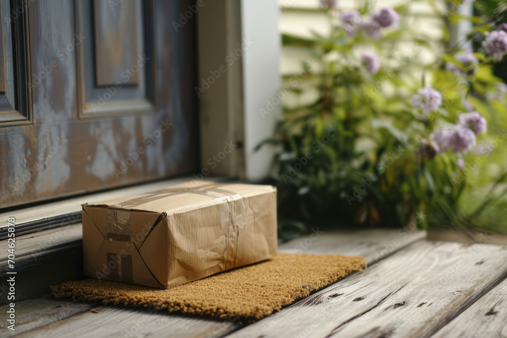 Delivered parcel on door mat near entrance. Generative AI