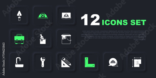 Set Worker safety helmet, House plan, Paint bucket with brush, Corner ruler, Toolbox, Adjustable wrench, and Triangular and pencil icon. Vector