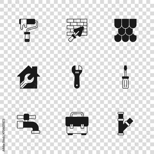 Set Toolbox, Screwdriver, Industry metallic pipe, Adjustable wrench, Roof tile, Paint roller brush, Brick wall with trowel and House spanner icon. Vector