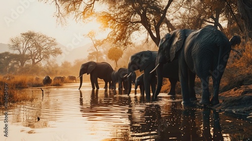 Nature documentary, elephants at a watering hole, African savanna, herd with playing calves, soft diffused daylight, birds in the sky. © Татьяна Креминская