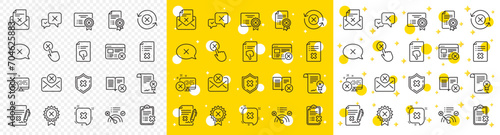 Set of Decline certificate, Cancellation and Dislike icons. Reject or cancel line icons. Refuse, Reject stamp, Disapprove or cancel. Wrong agreement, delete certificate, checklist document. Vector
