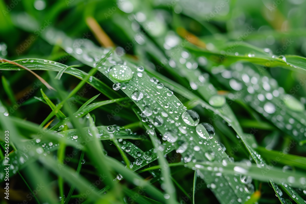 Closeup of water droplets on a green grass. Generative AI Closeup of water droplets on a green grass. Generative AI