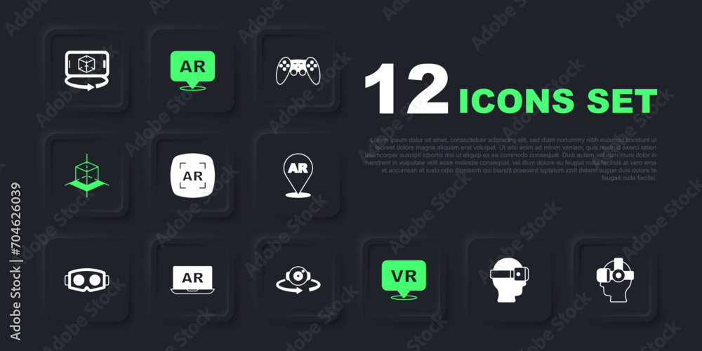 Set Virtual reality glasses, Augmented AR, 3d modeling, and 360 degree view icon. Vector Set Virtual reality glasses, Augmented AR, 3d modeling, and 360 degree view icon. Vector