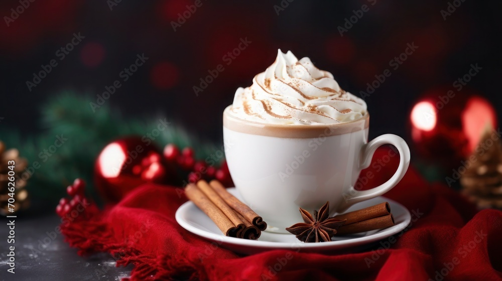 Christmas cup of coffee latte with whipped cream and cinnamon. Xmas holiday Christmas cup of coffee latte with whipped cream and cinnamon. Xmas holiday