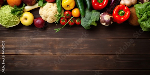 Overhead view of farmers market produce on wooden table, promoting healthy eating.