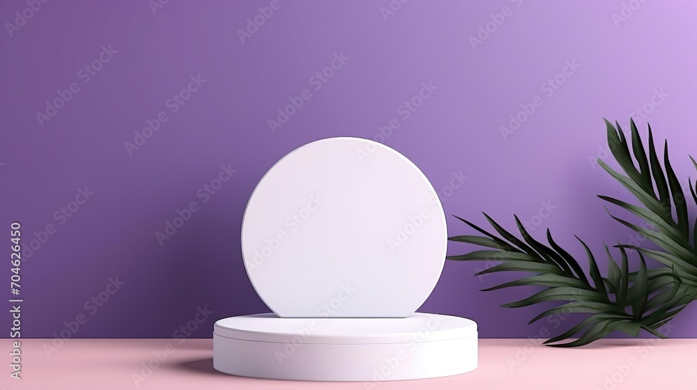 Realistic white and blue cylinder podium product display mockup with natural leaves. Realistic white and blue cylinder podium product display mockup with natural leaves.