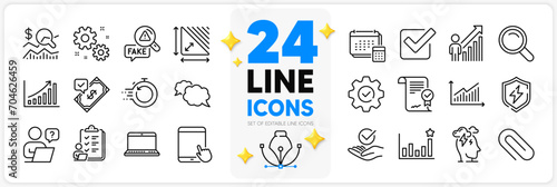 Icons set of Efficacy, Account and Execute line icons pack for app with Check investment, Fake news, Approved agreement thin outline icon. Online question, Checklist, Paper clip pictogram. Vector