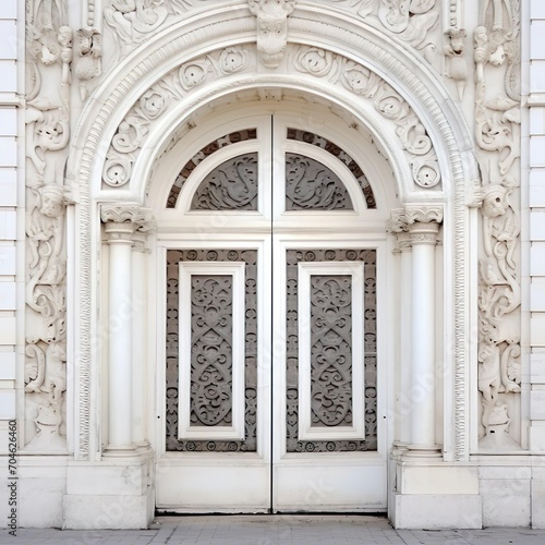Front view white vintage wooden arch door with ornamental decoration.