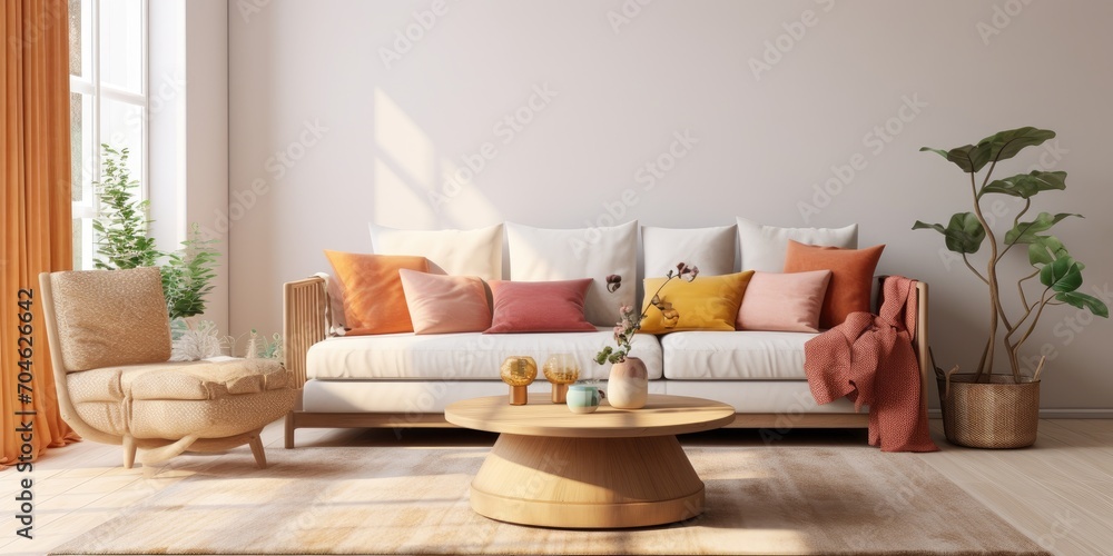 Bright and sunny living room with a mock up poster frame, round wooden coffee table, beige sofa, rattan commode, dried flower vase, colorful carpet, and personal accessories. Home decor template.