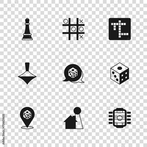 Set Chip for board game, Game dice, Table football, Crossword, Chess, Tic tac toe and Whirligig toy icon. Vector
