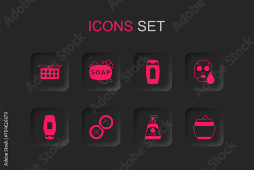 Set Makeup powder with mirror, Bar of soap, Cream lotion cosmetic tube, Facial mask, Bottle shampoo and icon. Vector