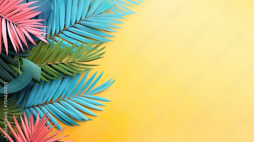 Tropical design elevated view of palm leaves on yellow banner background.