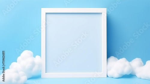 White photo frame flying in clouds on light teal background Empty art picture poster mockup.