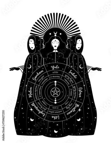 Mystical triple goddess, priestesses  in wheel of the Year is an annual cycle of seasonal festivals. Wiccan calendar and holidays. Gothic Witch wiccan female sacred design. Vector isolated on white  photo