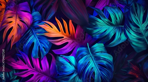  Trendy colorful Violet and blue tropical monster leaves.