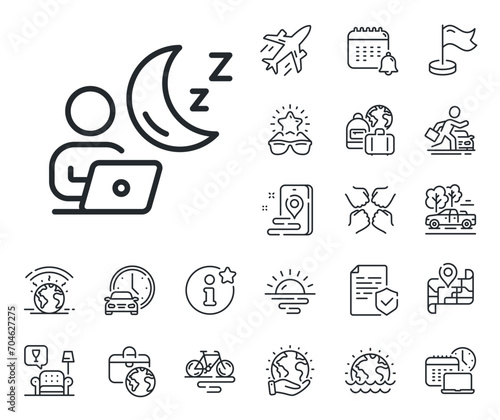 Online insomnia sign. Plane jet, travel map and baggage claim outline icons. Night shift line icon. Dream office symbol. Shift line sign. Car rental, taxi transport icon. Place location. Vector