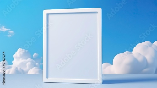 White photo frame flying in clouds on light teal background Empty art picture poster.