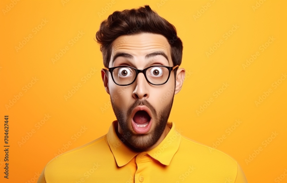 Bearded man in yellow shirt and glasses with surprised expression on his face
