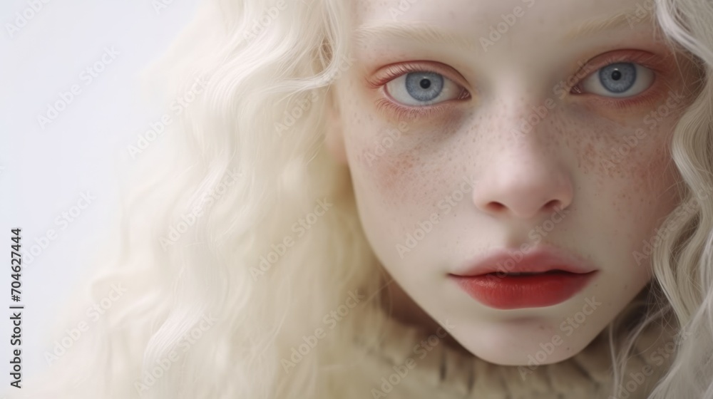 Albino girl with white skin, natural lips and white hair. Neural network AI generated art Albino girl with white skin, natural lips and white hair. Neural network AI generated art