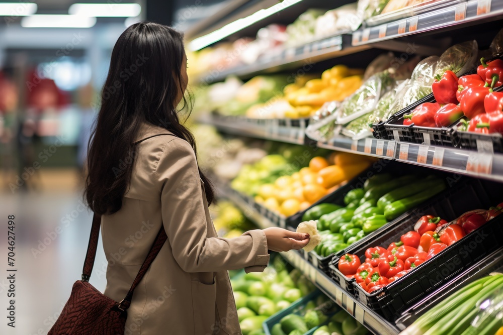 Asian woman grocery shopping in supermarket produce section