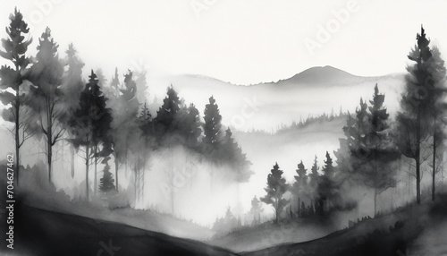 Minimalist black and white moody forest landscape with fog and mist, watercolor art style