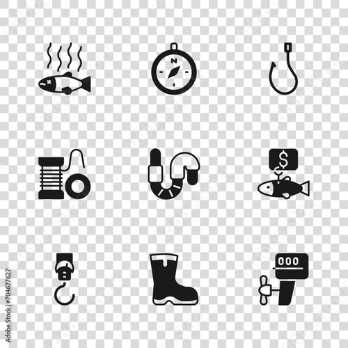 Set Fishing boots, Price tag for fish, Outboard boat motor, Worm, hook, Dead, Compass and Spinning reel fishing icon. Vector