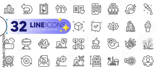 Outline set of Warning, Employees group and Love book line icons for web with Organic tested, Skyscraper buildings, Fireworks thin icon. Reject refresh, Tickets, Window cleaning pictogram icon. Vector
