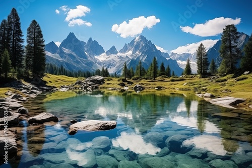 Stunning Alpine lake with crystal clear water reflecting the sky © duyina1990