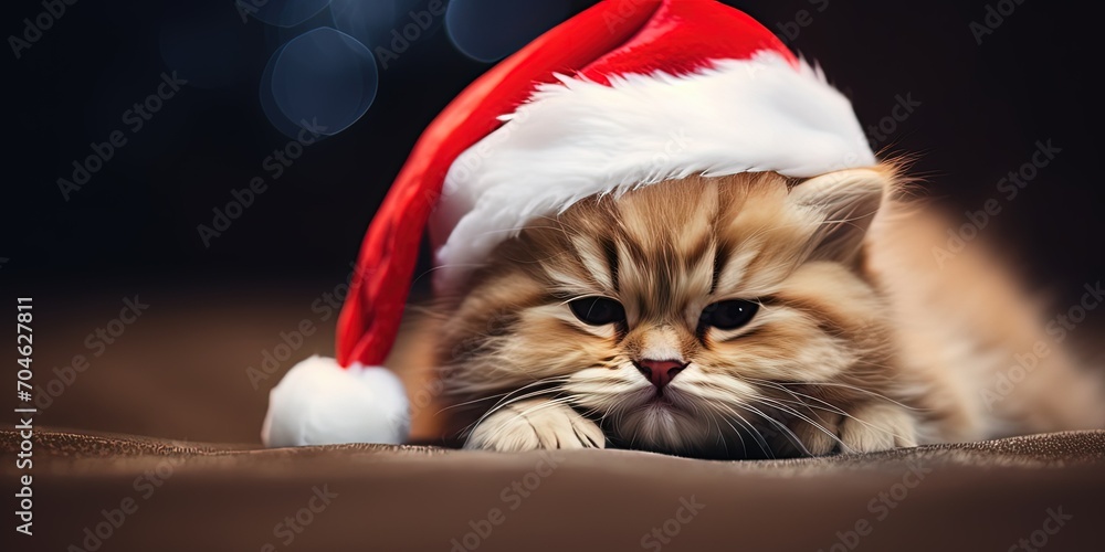 Small cat with light hair in a Santa hat, New Year and Christmas mood Small cat with light hair in a Santa hat, New Year and Christmas mood
