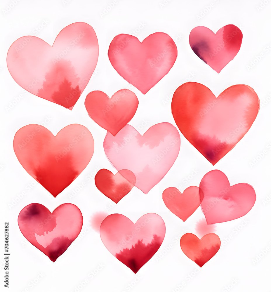 Watercolor drawing with pink and red hearts on white background. Valentine's day card