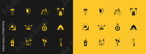 Set Bear head, Carnival garland with flags, Unicycle, Pinwheel toy, Jester hat bells, Vintage bicycle, Ice cream waffle and Balloons ribbon icon. Vector