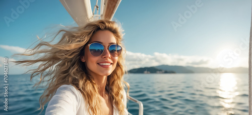 Portrait of a happy beautiful blonde girl on vacation at sea on a yacht positive