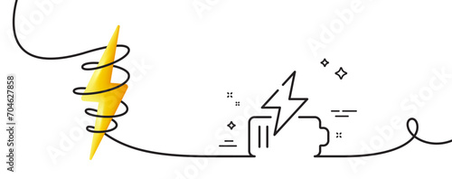 Battery line icon. Continuous one line with curl. Charge accumulator sign. Electric power symbol. Battery single outline ribbon. Loop curve with energy. Vector