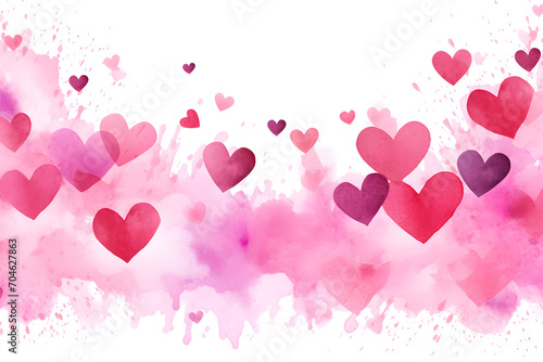 Watercolor drawing with pink and red hearts on white background. Valentine's day card