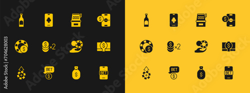Set Football betting money, Casino chip with dollar, Hand holding casino chips, Money bag, Slot machine, Bottle of wine and Online poker table game icon. Vector