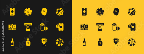 Set Casino chips, Money bag, with dollar, poker trophy cup, Automated teller machine and money, Lucky player, Online table game and icon. Vector