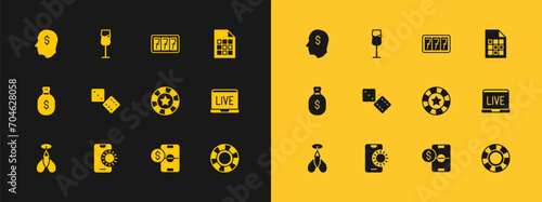 Set Lottery ticket, Online sports betting, Casino chips, Football money, Game dice, Slot machine with jackpot, Lucky player and Wine glass icon. Vector