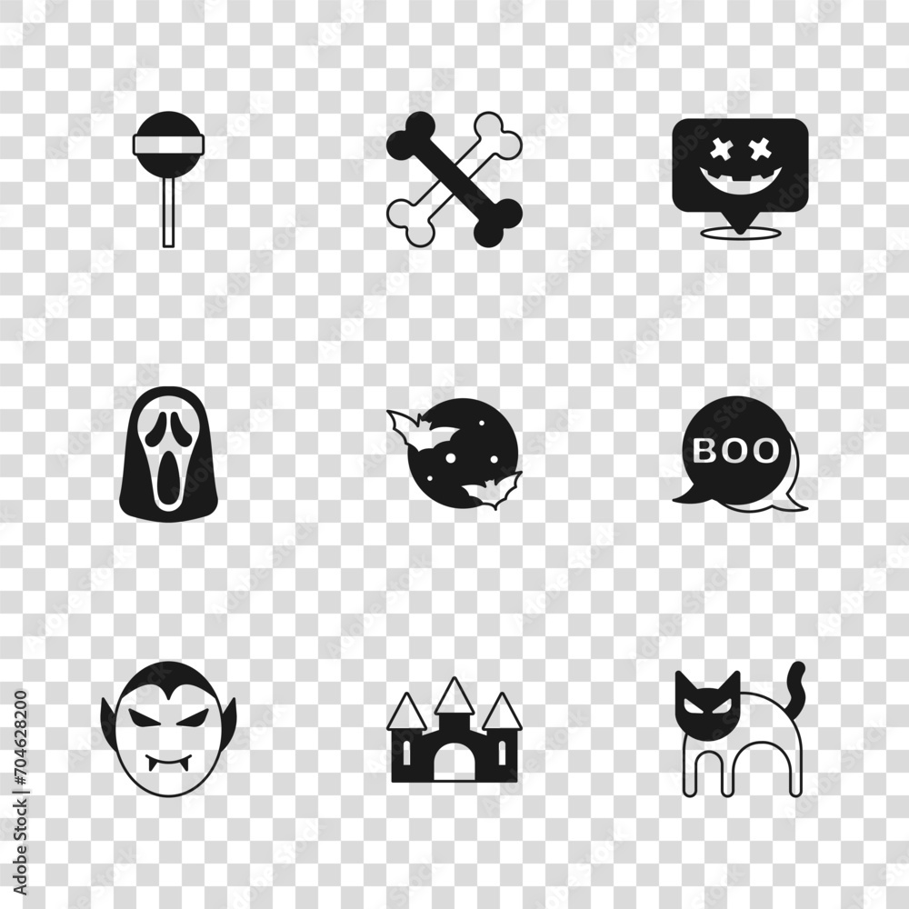 Set Castle, Boo speech bubble, Black cat, Moon and stars, Happy Halloween holiday, Lollipop, Crossed bones and Funny scary ghost mask icon. Vector Set Castle, Boo speech bubble, Black cat, Moon and stars, Happy Halloween holiday, Lollipop, Crossed bones and Funny scary ghost mask icon. Vector