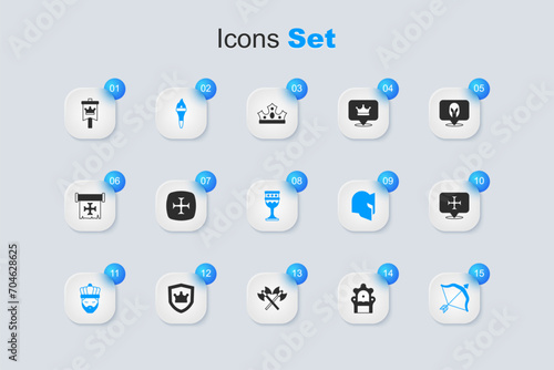 Set Medieval throne, Crusade, Torch flame, King with crown, bow and arrow, flag and goblet icon. Vector