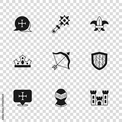 Set Medieval helmet, Shield, Castle, bow and arrow, Fleur de lys or lily flower, Crusade, Mace with spikes and King crown icon. Vector