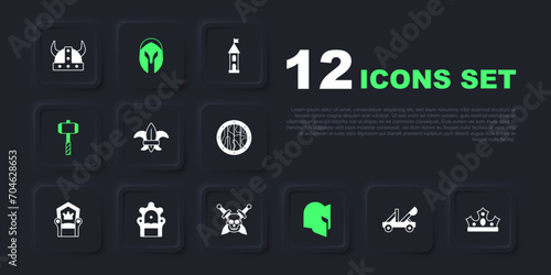 Set Medieval catapult, King crown, Fleur de lys or lily flower, helmet, Battle hammer, throne, and Skull with sword icon. Vector