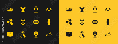 Set Nautical rope knots, Crossed oars or paddles boat, Location with anchor, Captain of ship, Yacht sailboat, Speedboat and Whale tail icon. Vector