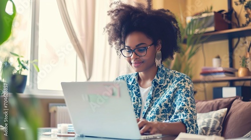 Young Woman Researching Cryptocurrency Markets on Laptop at Home photo