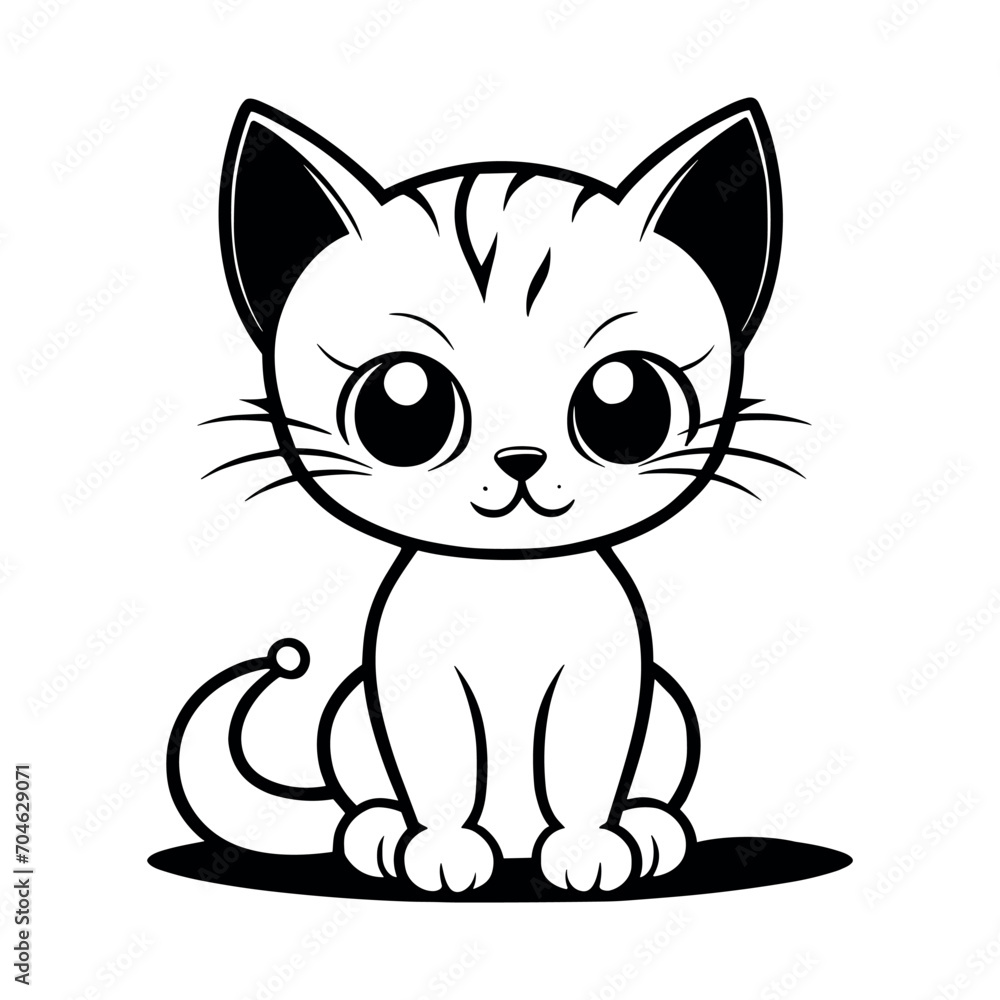 Cute cat vector black and white cartoon character design collection. White background. Pets, Animals.