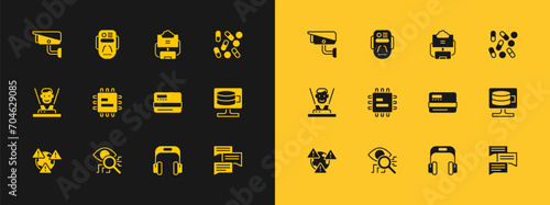 Set Medical pill biohacking, Eye scan, Credit card, Headphones, Processor CPU, Cloud database, Security camera and Artificial intelligence robot icon. Vector