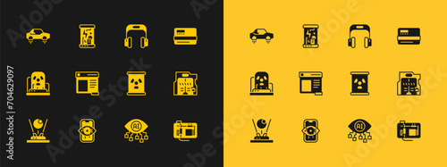 Set Credit card, Computer vision, Radioactive waste in barrel, Browser window, Headphones, Fantastic flying and Cryogenic capsules icon. Vector
