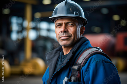 Candid portrait of an American steel worker in safety gear, factory plant in the background